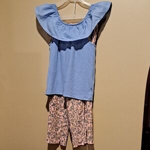 Blue Ruffle Top with Pink Floral Shorts